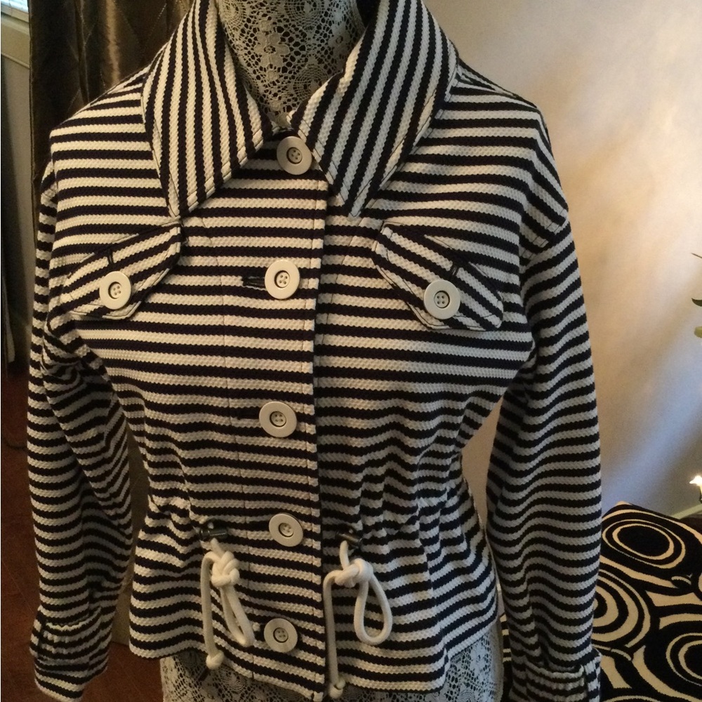 CAbi Navy and White Utility Jacket Bold Stripes